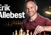 Erik Allebest, co-founder and CEO of Chess.com, featured against a modern chess-themed background