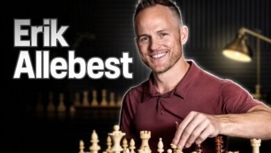 Erik Allebest, co-founder and CEO of Chess.com, featured against a modern chess-themed background