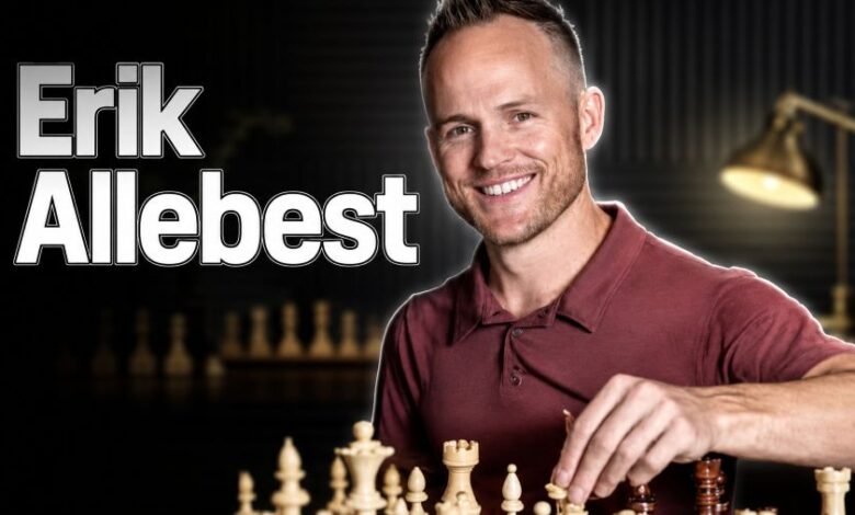 Erik Allebest, co-founder and CEO of Chess.com, featured against a modern chess-themed background